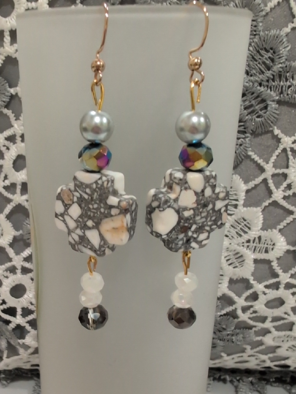 NWOT ONE OF A KIND Handcrafted Gray & White Mosaic Stone Dangle Earrings
